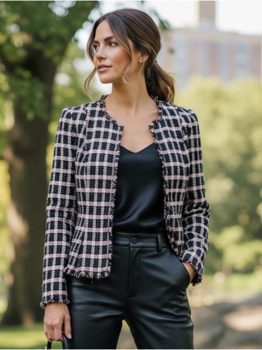 CeCe Black Pink Plaid Tweed Blazer Collarless Fringe Trim * 6